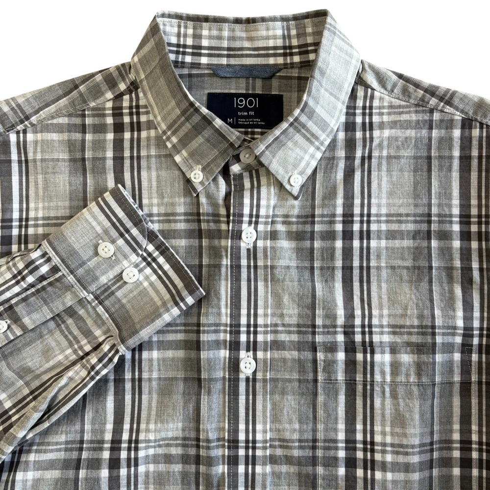 1901 Trim Fit Button Down Plaid Shirt Mens M Gray Long Sleeve Nordstrom‎ NEW $70